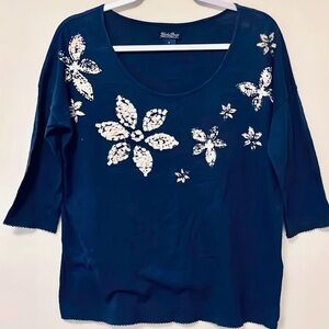 Lucky Brand Navy Blue Roundneck 3/4 sleeves Women's Blue Beaded Floral Top Small